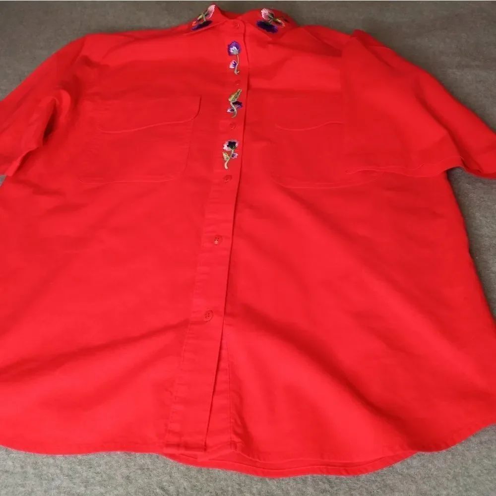 Vtg Carole Little 4 Red 100%Cotton Embroidered Pockets Shrtslvs ButtonUp Women's